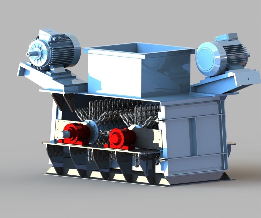 Industrial machine with rectangular steel housing, twin electric motors mounted on top, exposed chain assemblies, and red drive shafts visible at the front